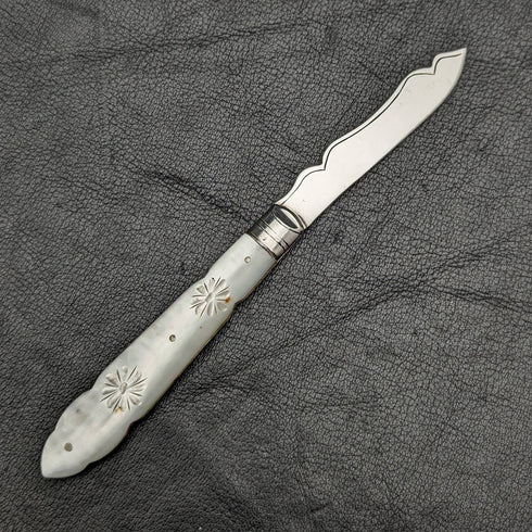 1910 British Antique White Pearl Shell Handle Pure Silver Engraving Blade Folding Pen Knife